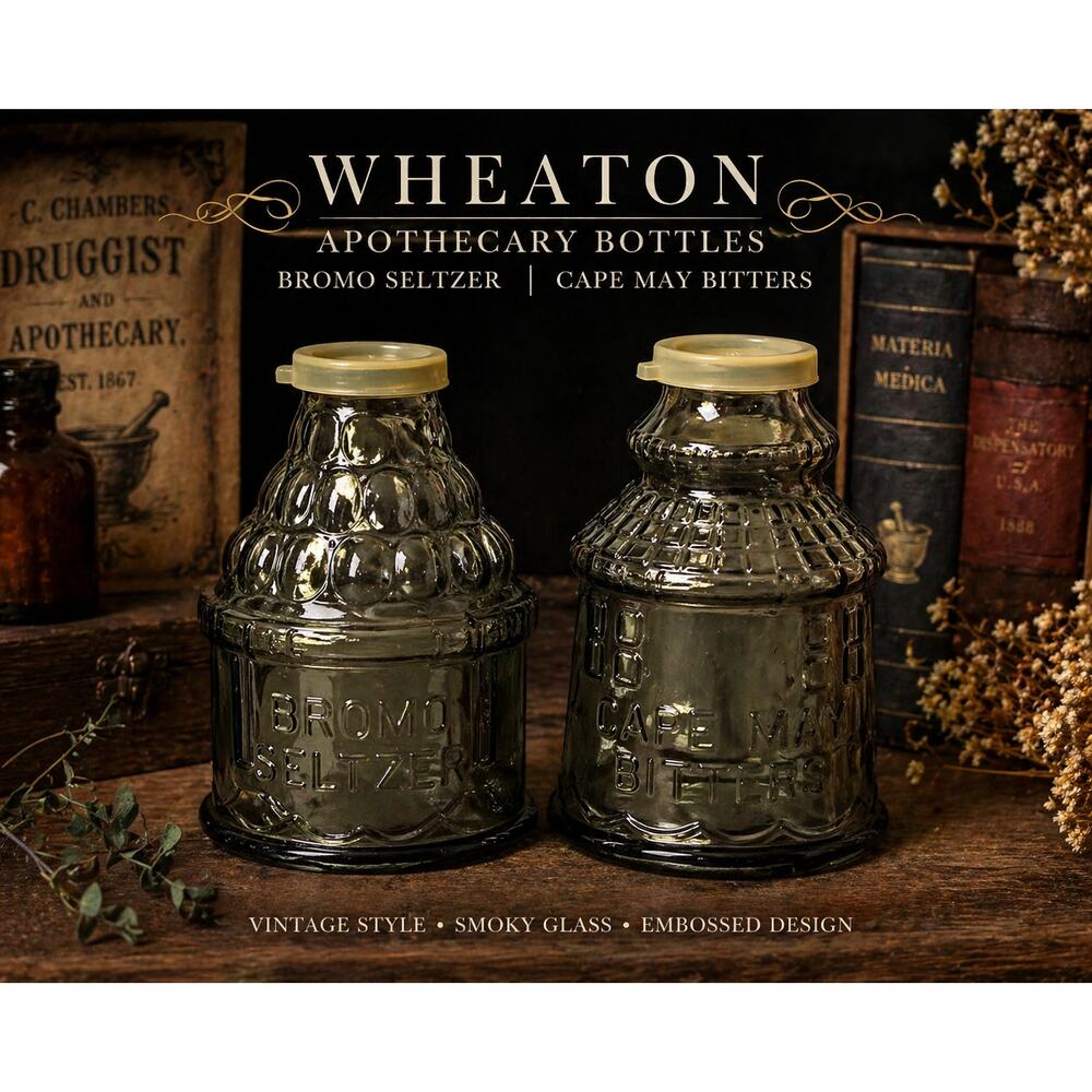Wheaton Apothecary Bottles Bromo Seltzer Cape May Bitters Smoky Glass Set